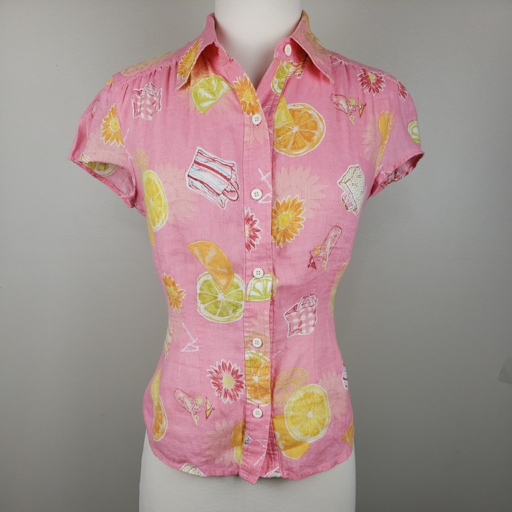 Liz Claiborne Pink Linen Fruit Button Up Shirt Sm